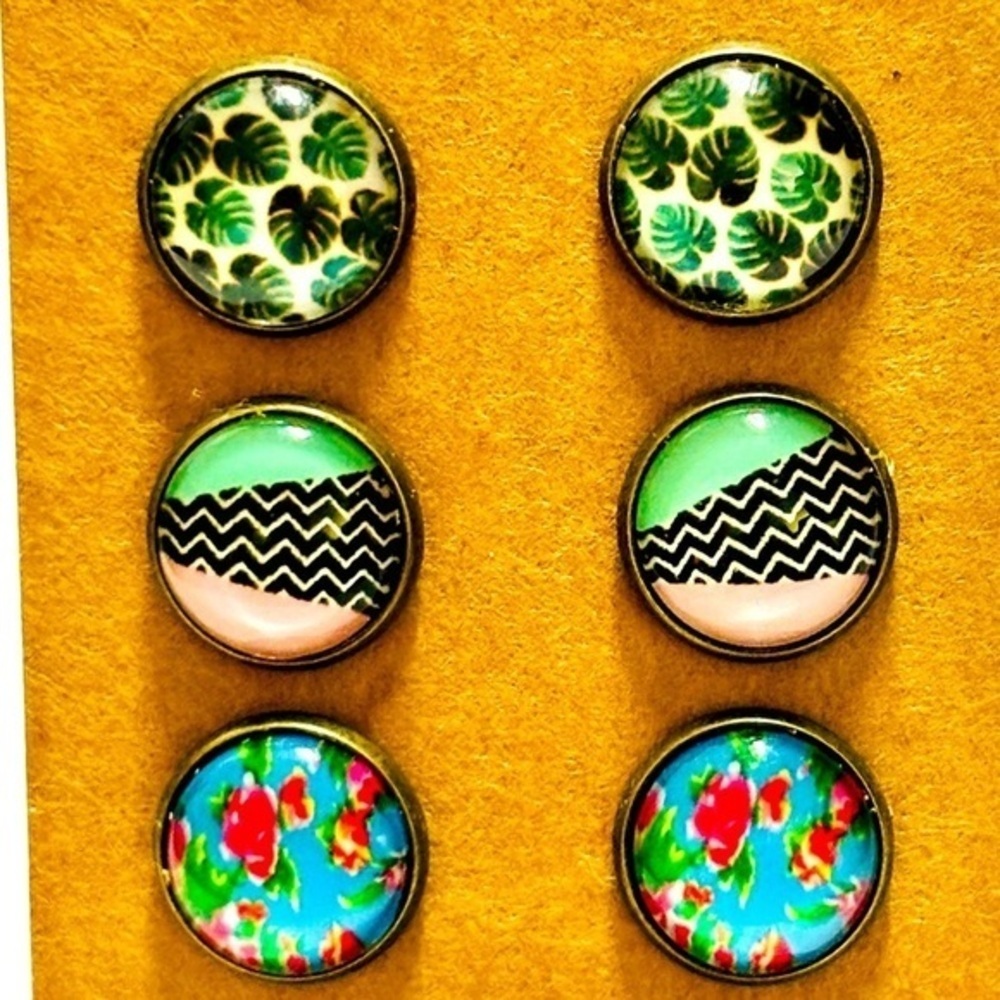 3 Pairs 12mm Handmade Stud Earrings, NWT, Unworn, Geometric, Floral, Monstera